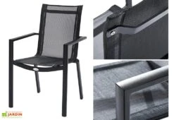 Salon De Jardin HPL Star Noir : Table Extensible Alu + 6 Fauteuils -Pas Cher Salon Mobilier Magasin fauteuil aluminium textilene salon de jardin 6 10 personnes hpl
